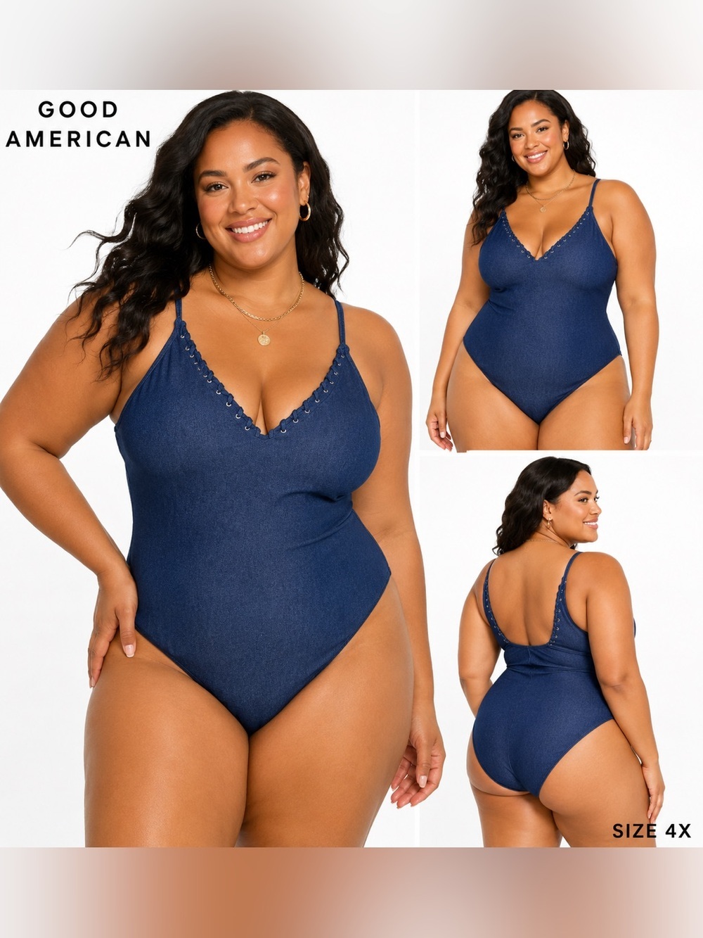 Good American Denim One Piece Swimsuit Size 4X NWT Lace-Up Blue Swim resort
